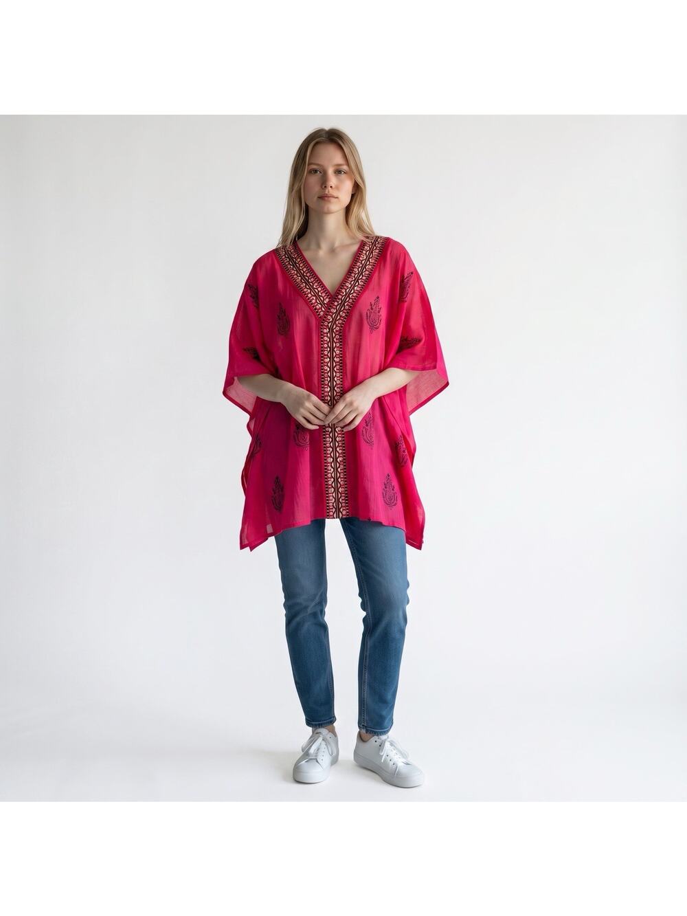 Chicos Mirror Trim Poncho Marachino Cherry Red S/M Bohemian Boho Hippie NWT